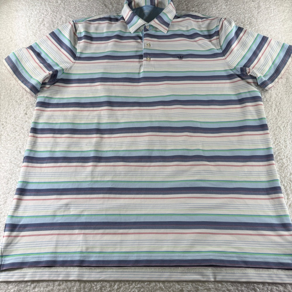 Johnnie-O Polo Shirt Mens XL Striped Blue White Surfer Green Pink Casual Golf - Picture 2 of 9